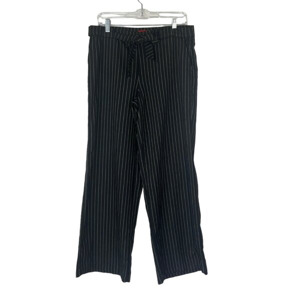 Hot Kiss Wide Leg Pants Womens Size 11 Black White Pin Stripe Tie Front Y2K - Picture 1 of 7